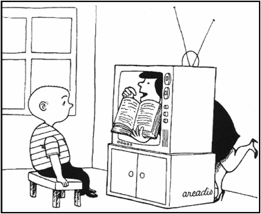 The cartoon shows a boy sitting in front of a television. 